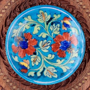〔直径：12.5cm〕ブルーポッタリー ジャイプール陶器の円形飾り皿・小物入れ - 水色系