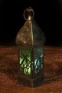 モロッコスタイルの透かし彫りLEDキャンドルランタン〔ロウソク風LEDキャンドル付き〕 - 〔ブルー＆グリー