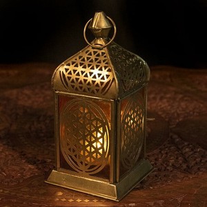 モロッコスタイルの透かし彫りLEDキャンドルランタン〔ロウソク風LEDキャンドル付き〕 - 〔オレンジ〕約18