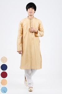 〔各色あり〕比翼仕立て　更紗刺繍入り　クルタ・パジャマ上下セット　インドの男性民族衣装