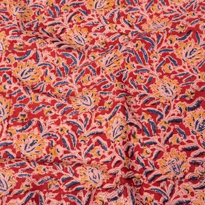 〔1m切り売り〕伝統息づく南インドから　昔ながらの木版染め更紗模様布 - 赤系〔横幅:約118cm〕