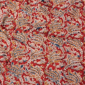 〔1m切り売り〕伝統息づく南インドから　昔ながらの木版染め更紗模様布 - 赤系〔横幅:約116cm〕