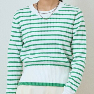 襟付きワイドリブボーダーニット -手洗い可-