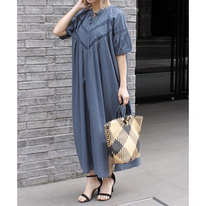 Casual Dress Slit Ribbon Cambric Puff Sleeve Cotton