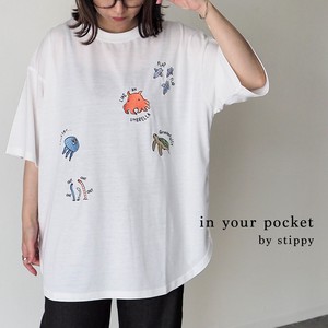 海洋生物刺繍ラウンドヘム半袖Tシャツ【in your pocket by stippy】【2023新作】