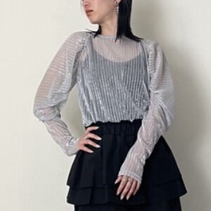 T-shirt Lame-pleated Sleeve Tops