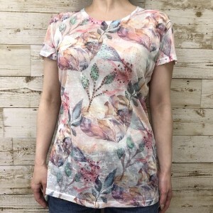 T-shirt Pudding T-Shirt Floral Pattern Rhinestone Cut-and-sew