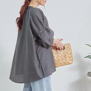 Button-Up Shirt/Blouse Flare Cambric Puff Sleeve Cotton Embroidered