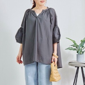 Button Shirt/Blouse Flare Cambric Puff Sleeve Cotton