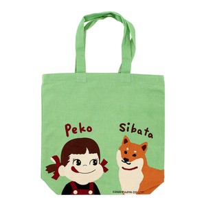 大人気のペコちゃん　ファスナー付きA4トートバッグ　ペコとしばた 　柴犬　犬　グリーン　39×39cm