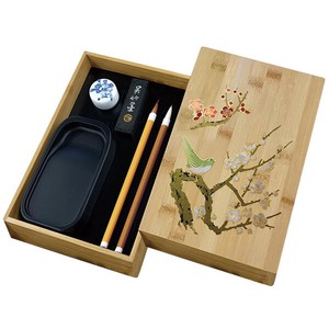 梅に鶯蒔絵　硯箱セット　竹製　(KB717-900）