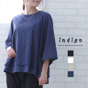 Button Shirt/Blouse Pullover Flower Cut Summer Cotton Indigo L Spring M 7/10 length