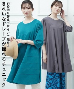 Tunic Tunic Round Neck A-Line Cotton Switching 7/10 length