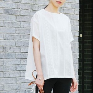 Button Shirt/Blouse Slit Cambric Cotton Side Ribbon Switching