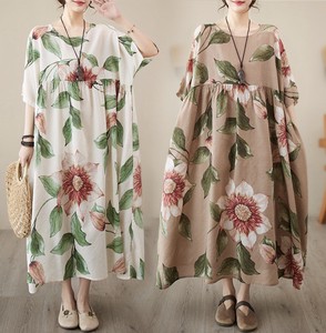 Casual Dress Floral Pattern Cotton Linen One-piece Dress Ladies' Short-Sleeve