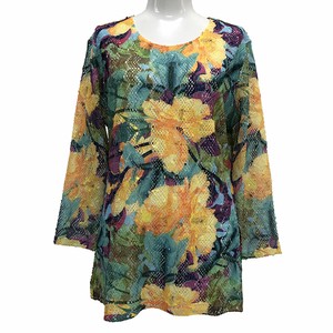 T-shirt 3/4 Length Sleeve T-Shirt Floral Pattern Mesh Printed Cut-and-sew