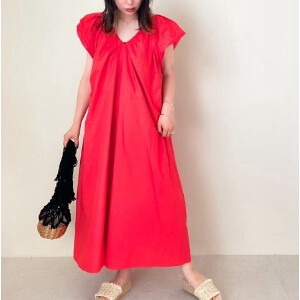 Casual Dress Tuck Sleeves A-Line V-Neck One-piece Dress