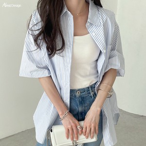 Button Shirt/Blouse Stripe Short-Sleeve