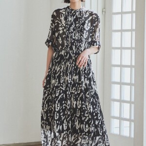 Casual Dress Geometric Pattern Tuck Pleat Long Dress