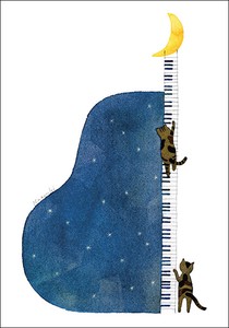 ポストカード イラスト 山田和明「月まで届け」105×150mm ピアノ 猫 2023新作