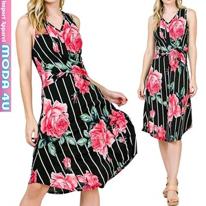 Casual Dress Waist Floral Pattern Stripe black V-Neck