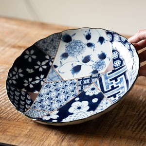 藍友禅 菊形23cm皿[日本製/美濃焼/和食器]