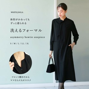 【洗濯機で洗える】喪服/アシンメトリーボウタイデザインブラックフォーマルワンピース（裏付き）