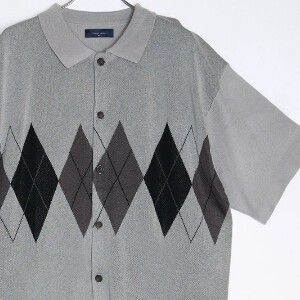 Polo Shirt Argyle Pattern Oversized Cardigan Sweater Short-Sleeve