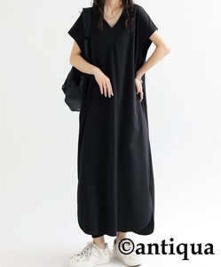 Antiqua Casual Dress UV Protection Plain Color Long One-piece Dress Ladies' Short-Sleeve
