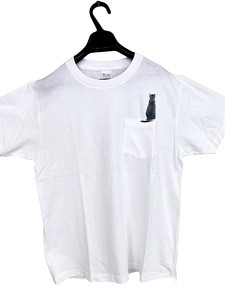 たそがれにゃんこ ホワイト　半袖 Tシャツ キッズ メンズ レディース   ネコ柄 綿Tシャツ　ポケット