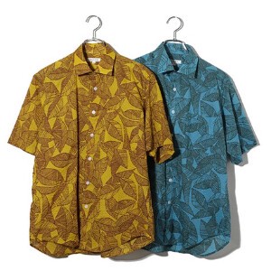 カジュアルシャツ　半袖  植物柄リップル生地　日本製