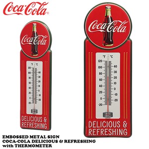 ダイカット エンボスメタルサイン COCA-COLA DELICIUS & REFRESHING  w/THERMOMETER【コカコーラ温度計】
