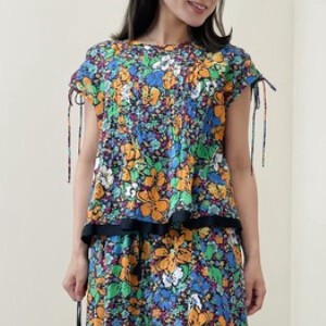 Button Shirt/Blouse Pullover Flower Print Shoulder Drawstring