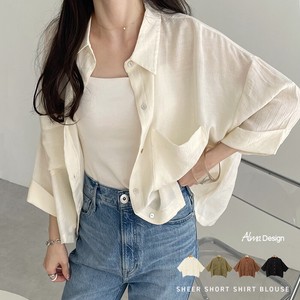 Button Shirt/Blouse Short-Sleeve Sheer Short Length