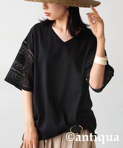 Antiqua Button Shirt/Blouse Lace Sleeve Plain Color T-Shirt Tops Ladies' Short-Sleeve