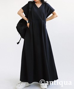 Antiqua Casual Dress Plain Color Long V-Neck One-piece Dress Ladies' Short-Sleeve