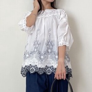 Button Shirt/Blouse Puff Sleeve Embroidered Switching