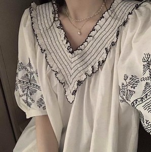 Button Shirt/Blouse Spring/Summer V-Neck Shirring Embroidered