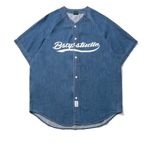アメリカン ベースボールシャツ デニム カットソー 半袖シャツ ロゴ アメカジ ヴィンテージブルー