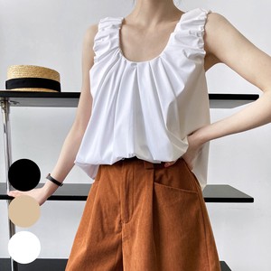 Button Shirt/Blouse Gathered White Spring/Summer black Sleeveless