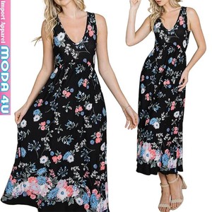 Casual Dress Floral Pattern black V-Neck Sleeveless One-piece Dress M