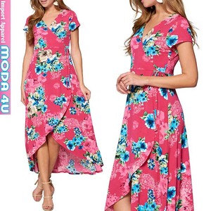 Casual Dress Pink Floral Pattern V-Neck One-piece Dress M