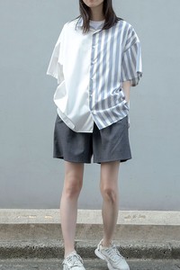 Button Shirt/Blouse Bicolor Unisex Short-Sleeve
