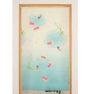 【和風のれん】 暖簾　ぼかし金魚柄とメダカ　糸挿入の生地使用　日本製　和紙風 　和柄　85×150cm