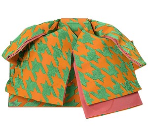 リボンタイプ 結び帯単品「橙×緑　千鳥」浴衣帯 作り帯 付け帯