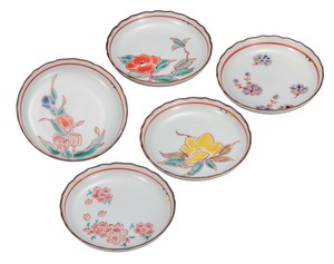 日本の伝統工芸品【九谷焼】 4.5号皿揃 草花絵変り  澤田郁美 (K9-123) (K8-96)