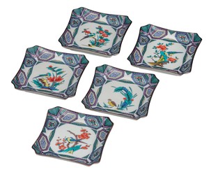 日本の伝統工芸品【九谷焼】 4.2号皿揃 古九谷花鳥絵変り   (K9-136) (K8-105)