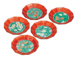 日本の伝統工芸品【九谷焼】 5.2号皿揃 赤巻絵変り  宮本晄 (K9-184) (K8-153)