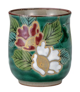 九谷烧 日本茶杯 山茶花 绿色