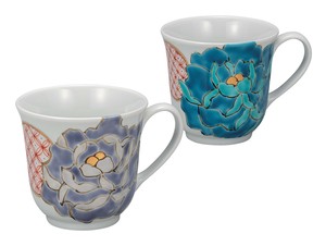 日本の伝統工芸品【九谷焼】 ペアマグカップ 青紫牡丹  佐藤剛志 (K9-1057) (K8-960)